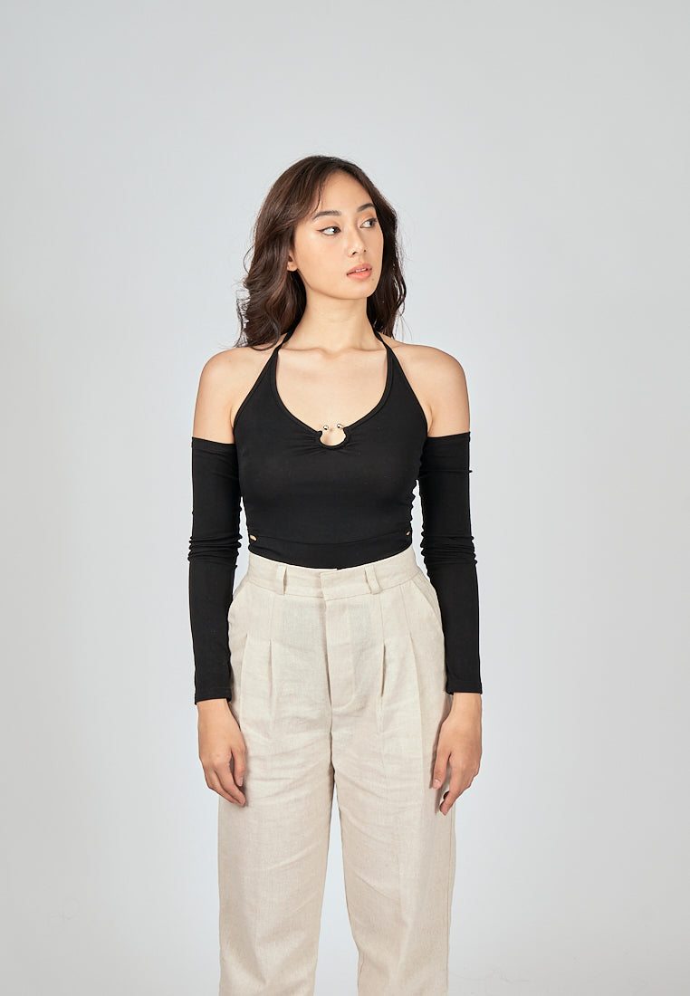Susie Black Halter Strap Long Sleeve Shoulder Hollow Out Bodysuit