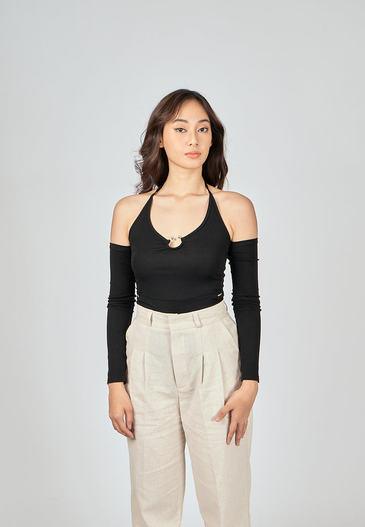 Susie Black Halter Strap Long Sleeve Shoulder Hollow Out Bodysuit