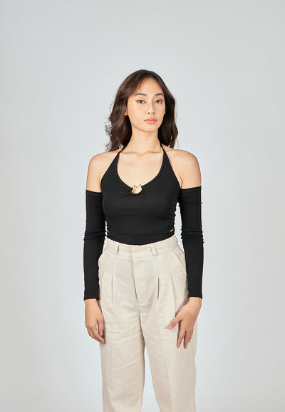 Susie Black Halter Strap Long Sleeve Shoulder Hollow Out Bodysuit
