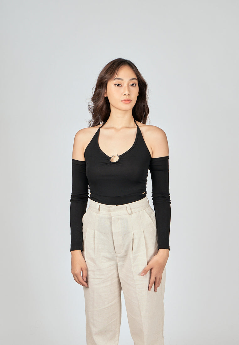 Susie Black Halter Strap Long Sleeve Shoulder Hollow Out Bodysuit