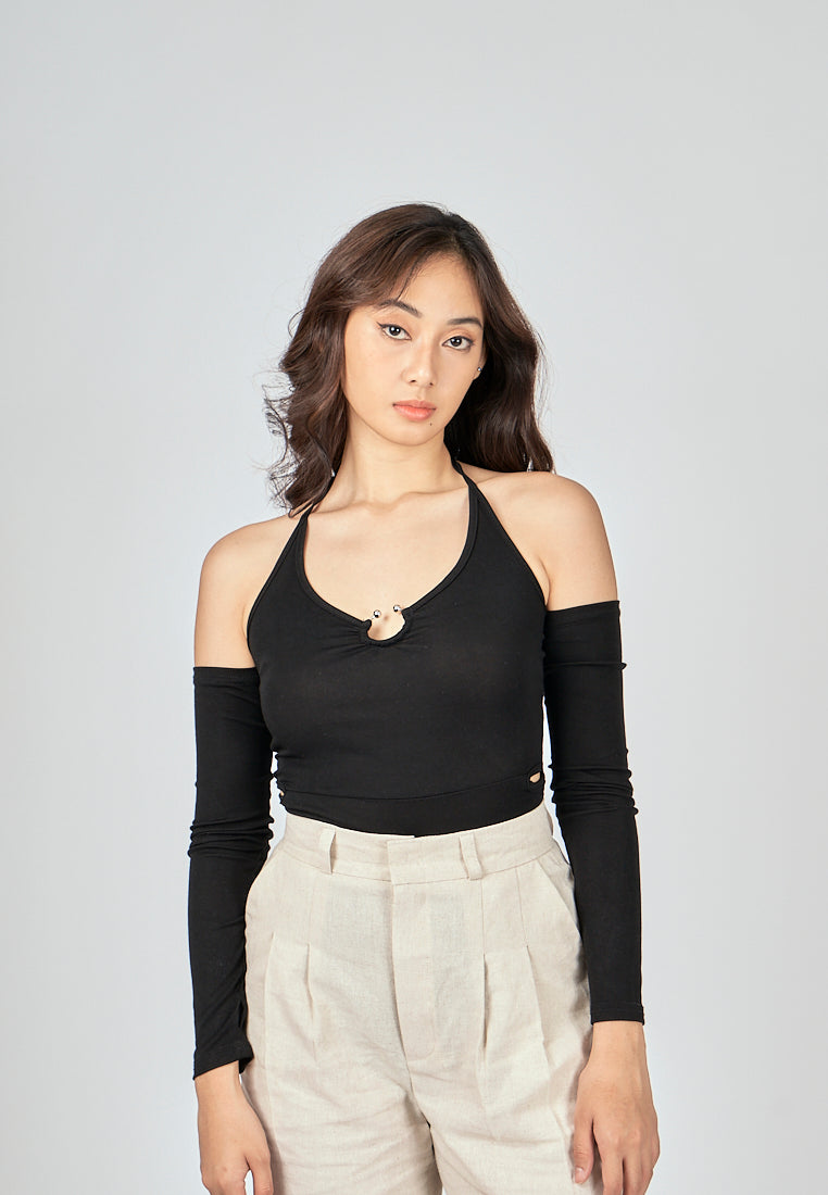 Susie Black Halter Strap Long Sleeve Shoulder Hollow Out Bodysuit