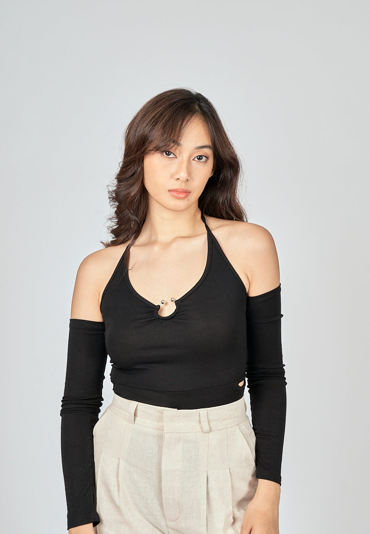 Susie Black Halter Strap Long Sleeve Shoulder Hollow Out Bodysuit