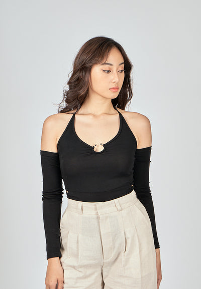 Susie Black Halter Strap Long Sleeve Shoulder Hollow Out Bodysuit