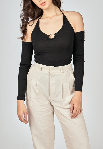 Susie Black Halter Strap Long Sleeve Shoulder Hollow Out Bodysuit