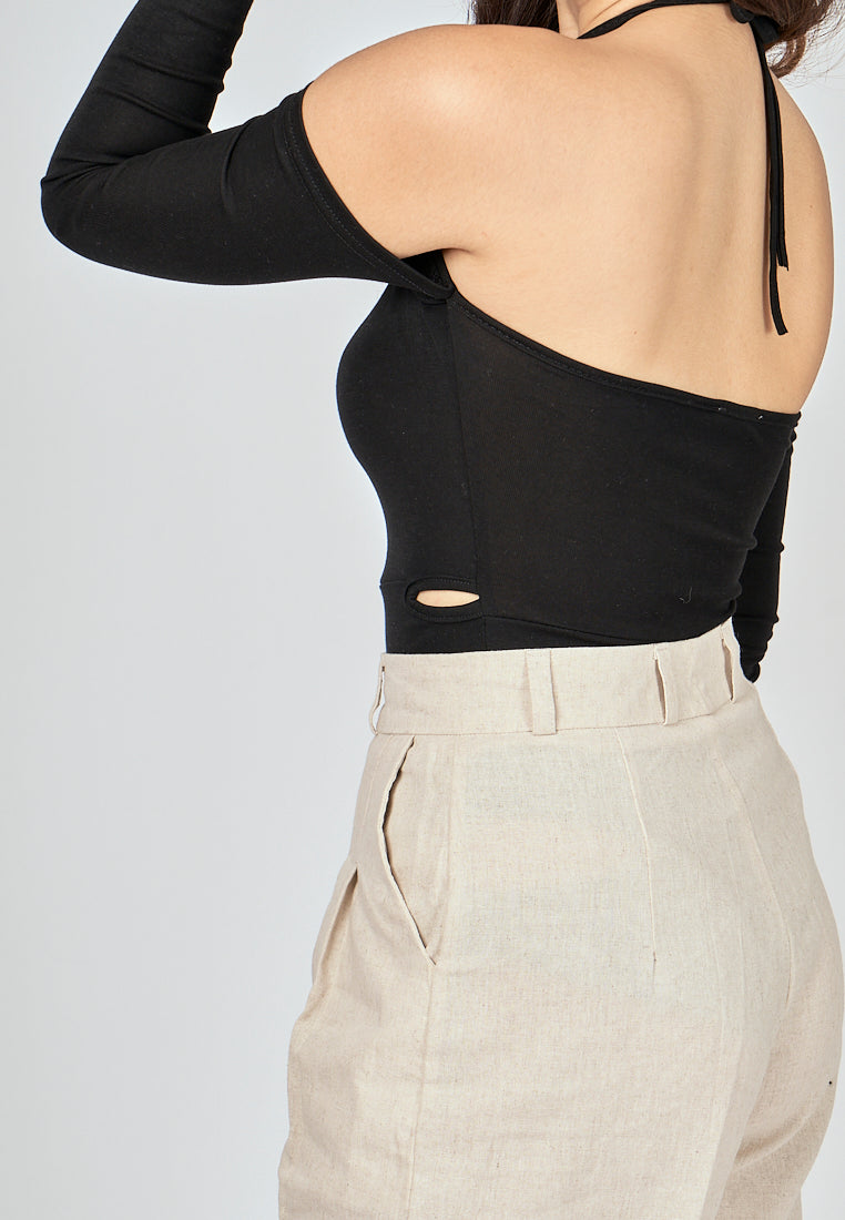 Susie Black Halter Strap Long Sleeve Shoulder Hollow Out Bodysuit