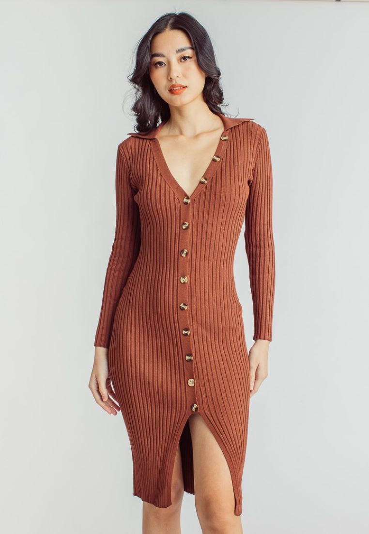 Garnet Brown Knitted V Neck Buttondown Long Sleeve Midi Dress