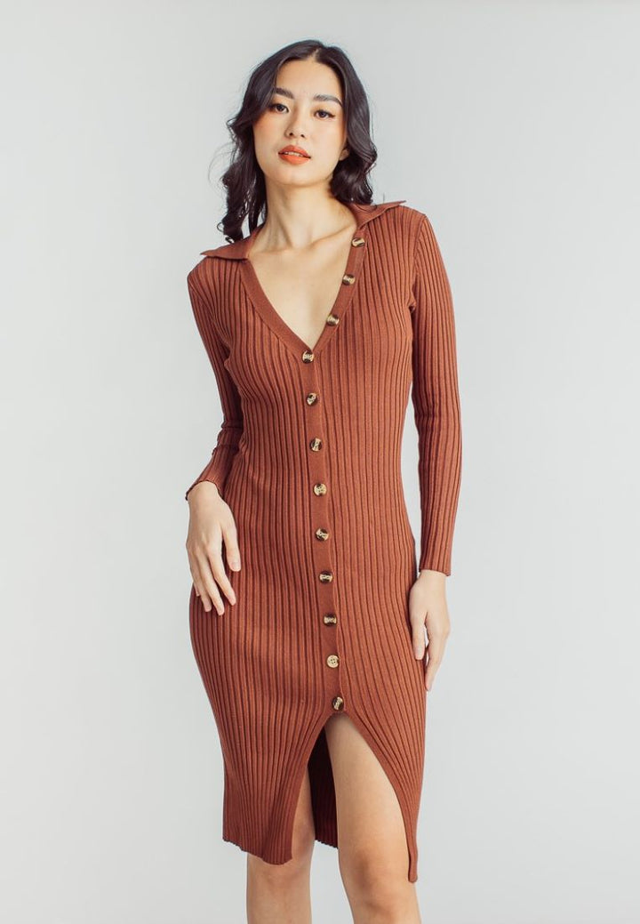 Garnet Brown Knitted V Neck Buttondown Long Sleeve Midi Dress