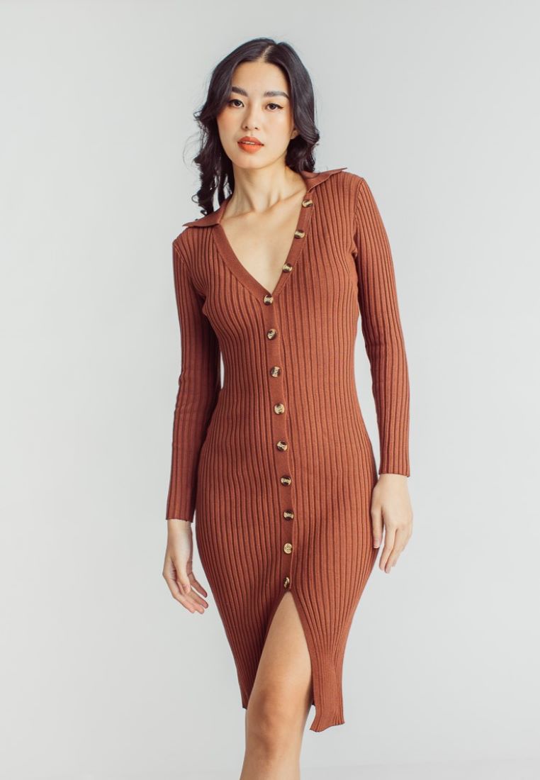 Garnet Brown Knitted V Neck Buttondown Long Sleeve Midi Dress