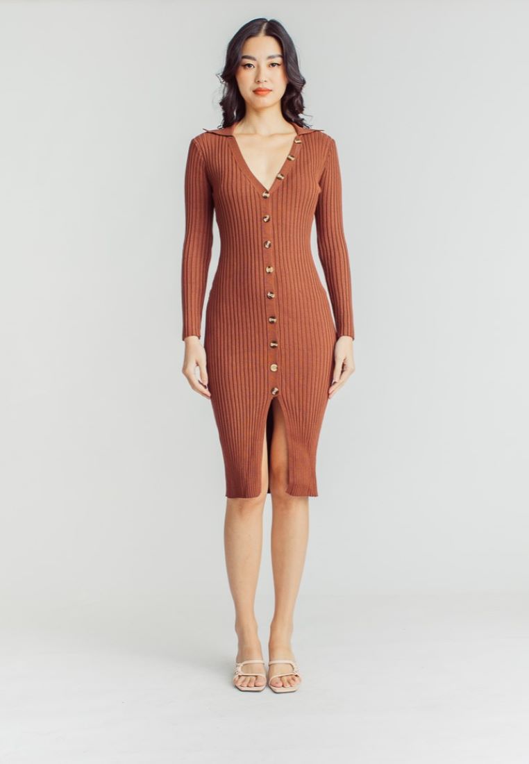 Garnet Brown Knitted V Neck Buttondown Long Sleeve Midi Dress