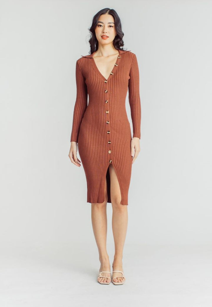 Garnet Brown Knitted V Neck Buttondown Long Sleeve Midi Dress