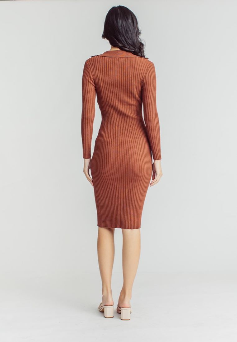 Garnet Brown Knitted V Neck Buttondown Long Sleeve Midi Dress
