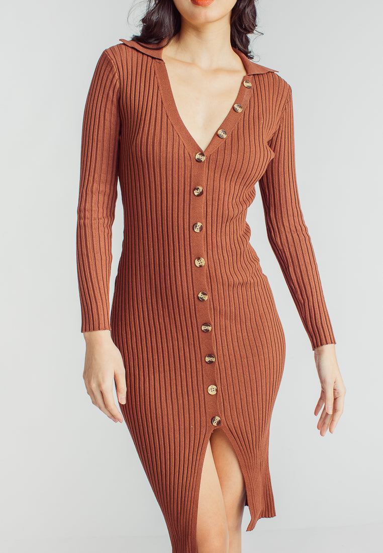 Garnet Brown Knitted V Neck Buttondown Long Sleeve Midi Dress