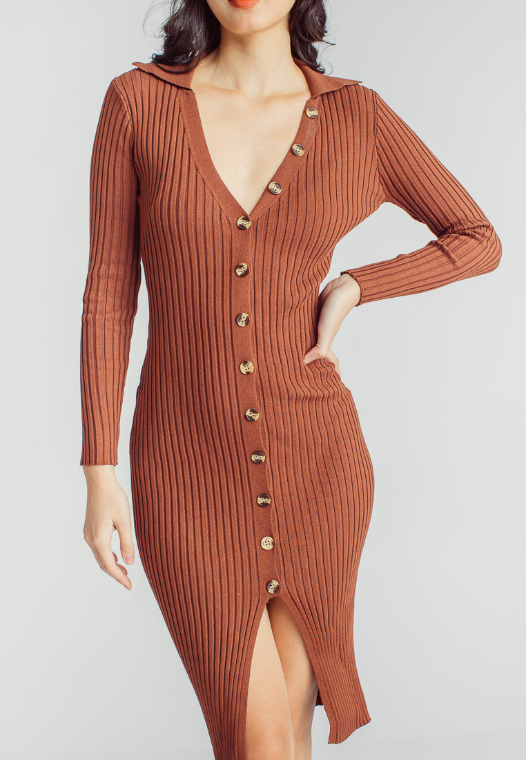 Garnet Brown Knitted V Neck Buttondown Long Sleeve Midi Dress