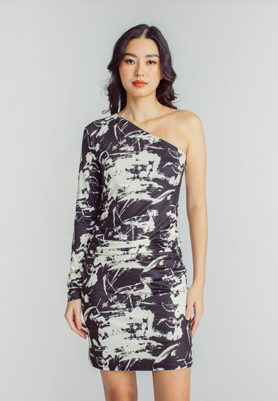 Rayhan Black and White Abstract Print Asymmetric Neckline One Side Long Sleeves Mini Dress