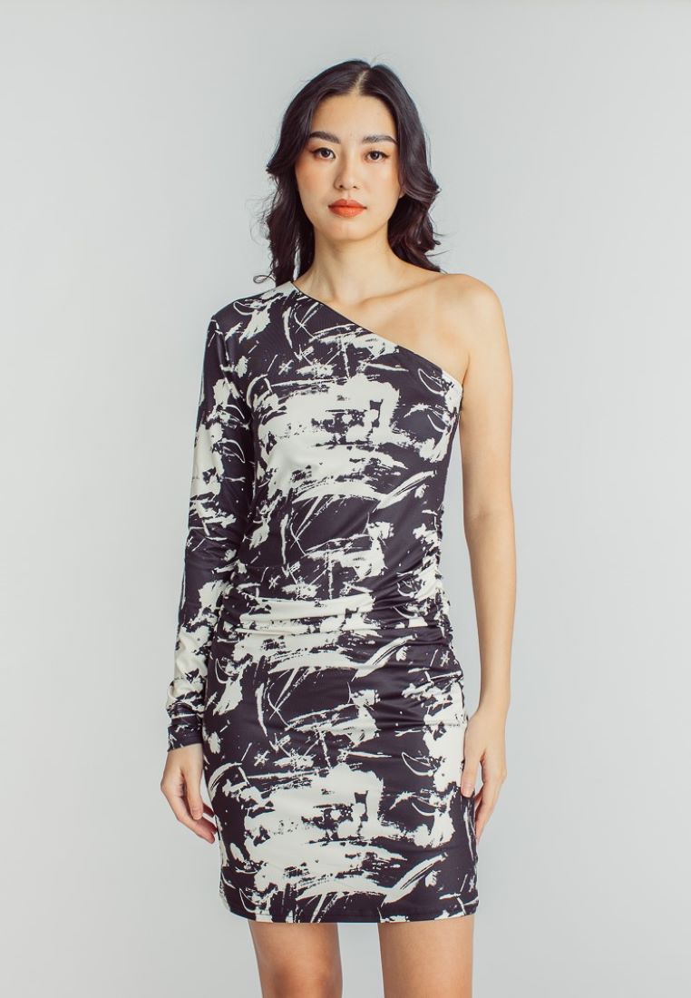 Rayhan Black and White Abstract Print Asymmetric Neckline One Side Long Sleeves Mini Dress