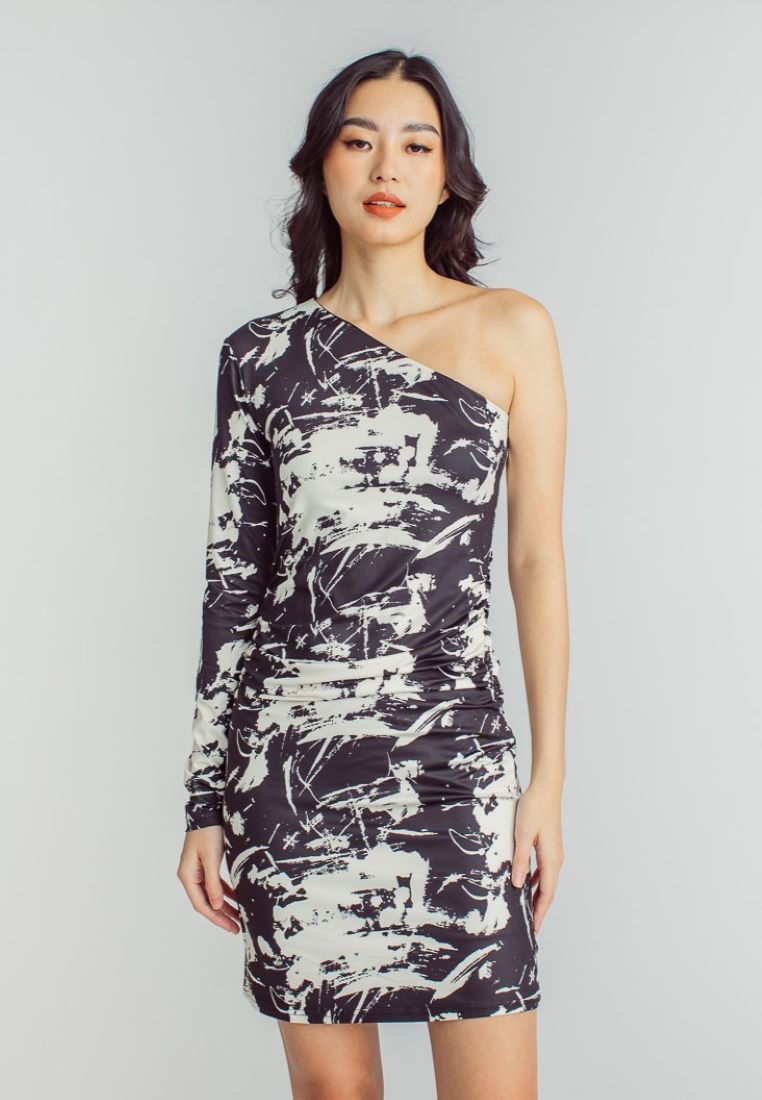 Rayhan Black and White Abstract Print Asymmetric Neckline One Side Long Sleeves Mini Dress