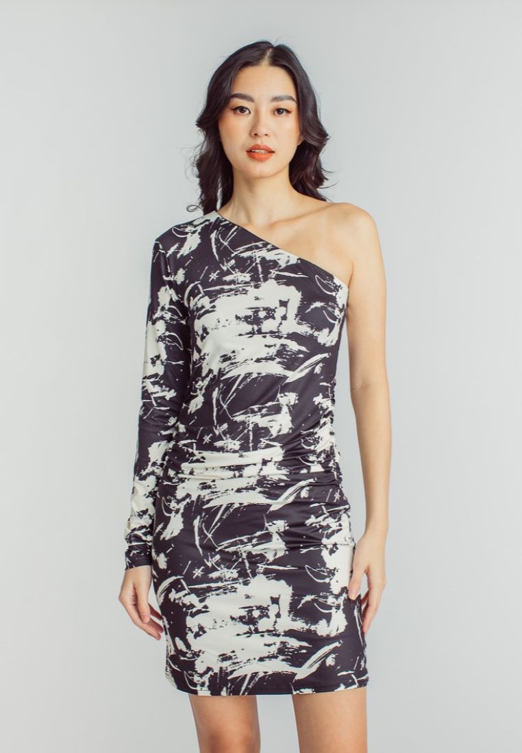Rayhan Black and White Abstract Print Asymmetric Neckline One Side Long Sleeves Mini Dress