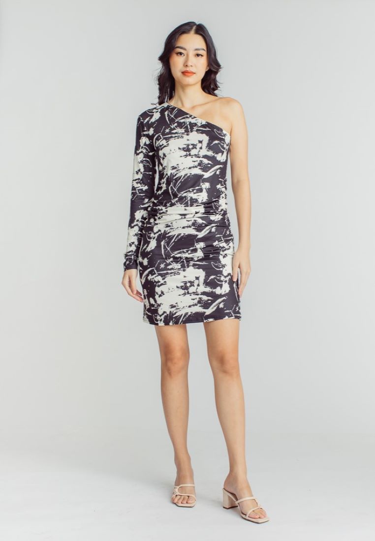 Rayhan Black and White Abstract Print Asymmetric Neckline One Side Long Sleeves Mini Dress