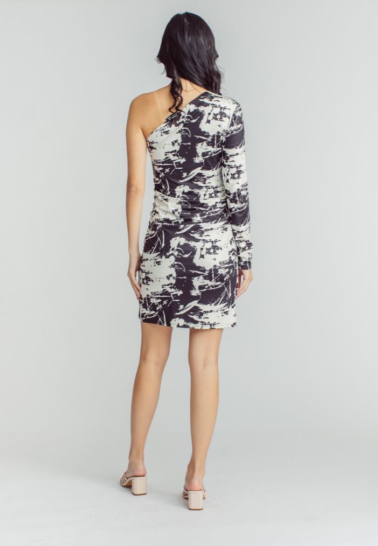 Rayhan Black and White Abstract Print Asymmetric Neckline One Side Long Sleeves Mini Dress