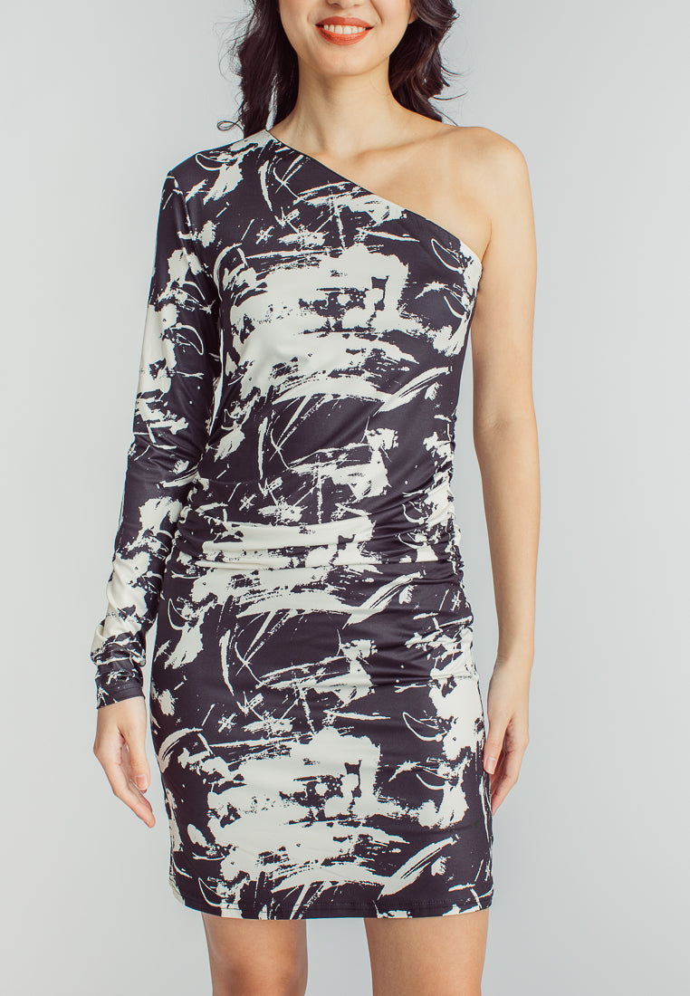 Rayhan Black and White Abstract Print Asymmetric Neckline One Side Long Sleeves Mini Dress