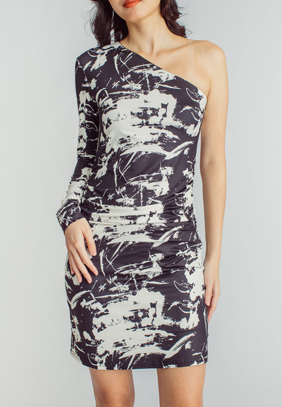 Rayhan Black and White Abstract Print Asymmetric Neckline One Side Long Sleeves Mini Dress
