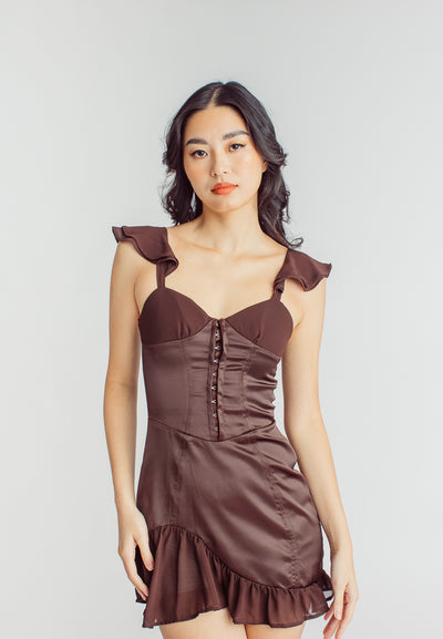 Miranda Brown V Neck Flap Sleeves Hook Closure Ruffle Hem Mini Dress