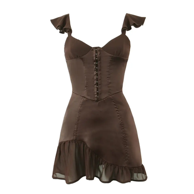 Miranda Brown V Neck Flap Sleeves Hook Closure Ruffle Hem Mini Dress