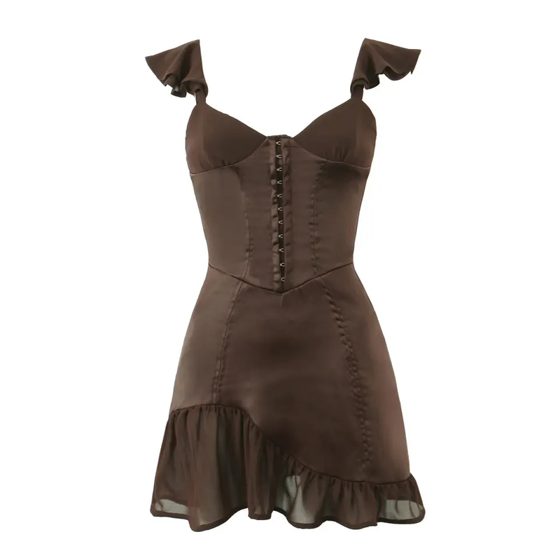 Miranda Brown V Neck Flap Sleeves Hook Closure Ruffle Hem Mini Dress