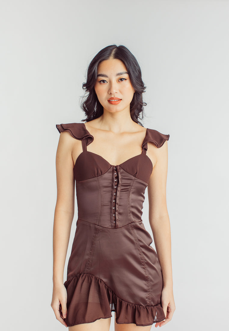 Miranda Brown V Neck Flap Sleeves Hook Closure Ruffle Hem Mini Dress