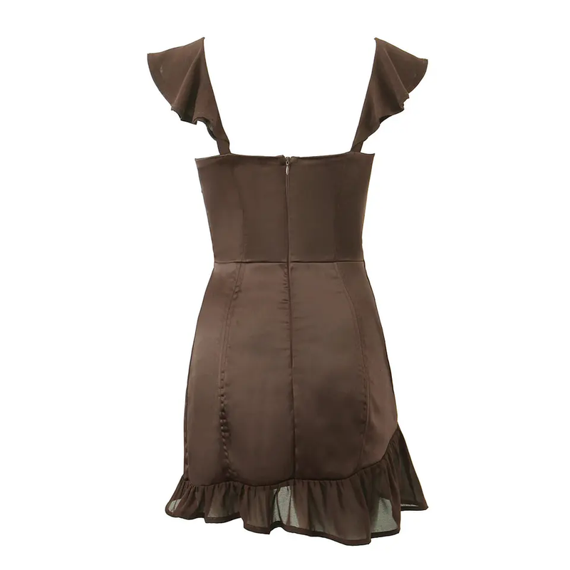 Miranda Brown V Neck Flap Sleeves Hook Closure Ruffle Hem Mini Dress
