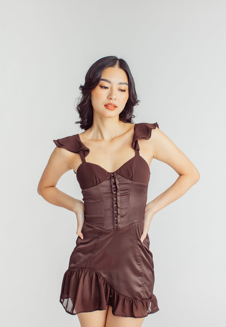 Miranda Brown V Neck Flap Sleeves Hook Closure Ruffle Hem Mini Dress