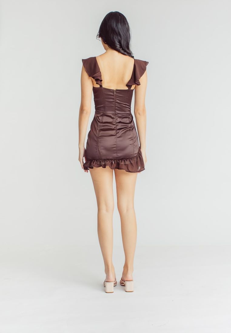 Miranda Brown V Neck Flap Sleeves Hook Closure Ruffle Hem Mini Dress