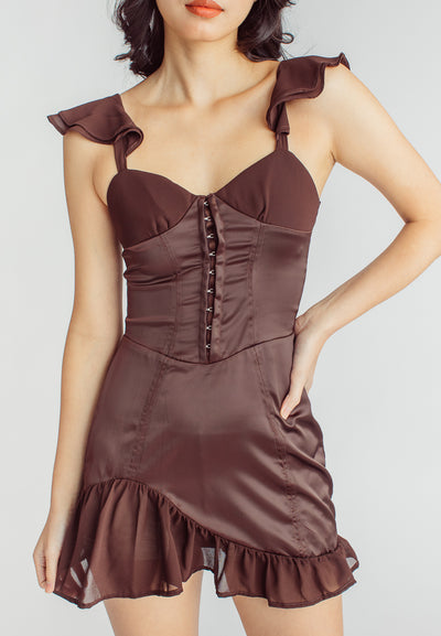 Miranda Brown V Neck Flap Sleeves Hook Closure Ruffle Hem Mini Dress