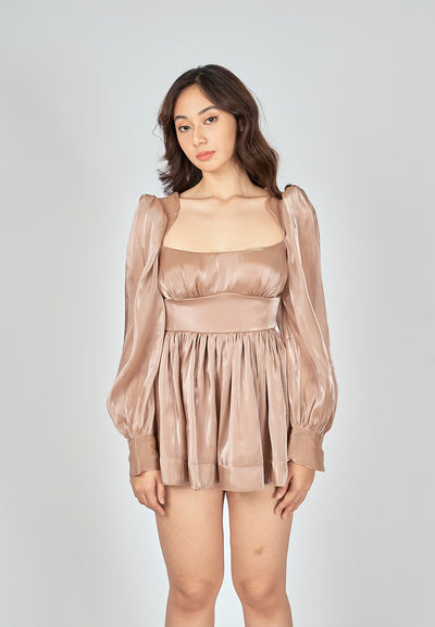 Jouhana Brown Sqaure Neck Cuff Long Sleeves Open Back Mini Dress