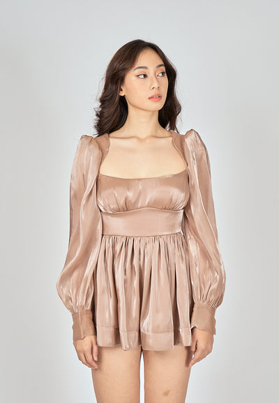 Jouhana Brown Sqaure Neck Cuff Long Sleeves Open Back Mini Dress