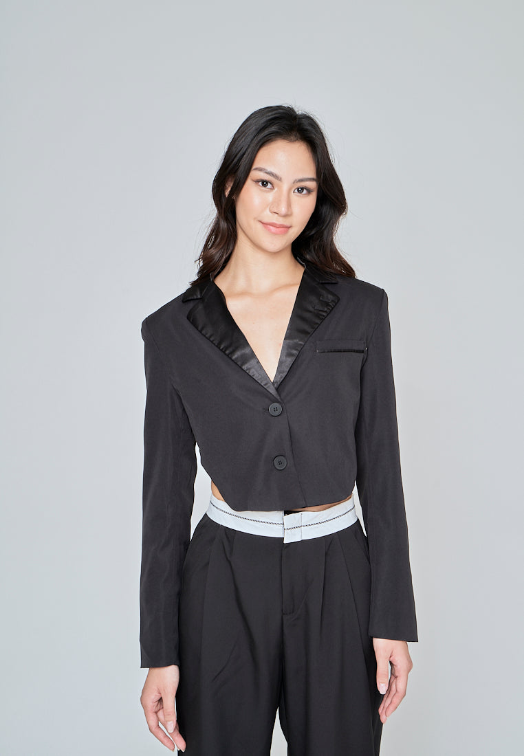 Cynthia Black Notched Collar V Neck Long Sleeves Cropped Blazer Top