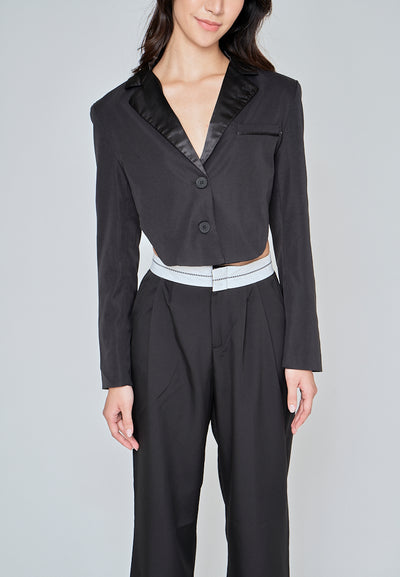 Cynthia Black Notched Collar V Neck Long Sleeves Cropped Blazer Top