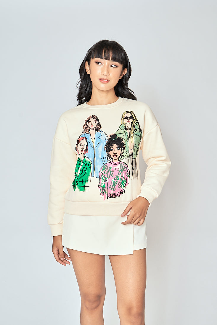 Aimee Cream Girls Print Round Neck Long Sleeves Pullover Sweatshirt