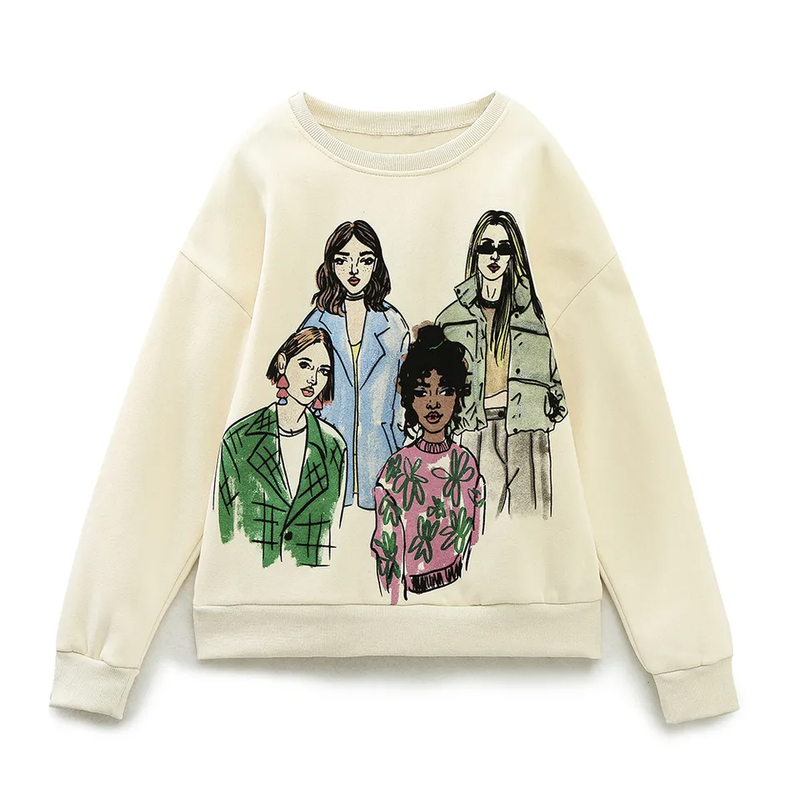 Aimee Cream Girls Print Round Neck Long Sleeves Pullover Sweatshirt