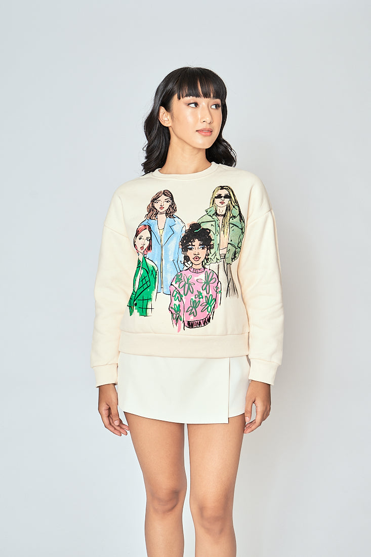 Aimee Cream Girls Print Round Neck Long Sleeves Pullover Sweatshirt