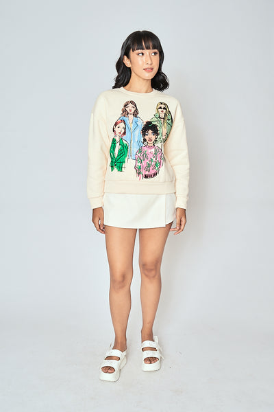 Aimee Cream Girls Print Round Neck Long Sleeves Pullover Sweatshirt