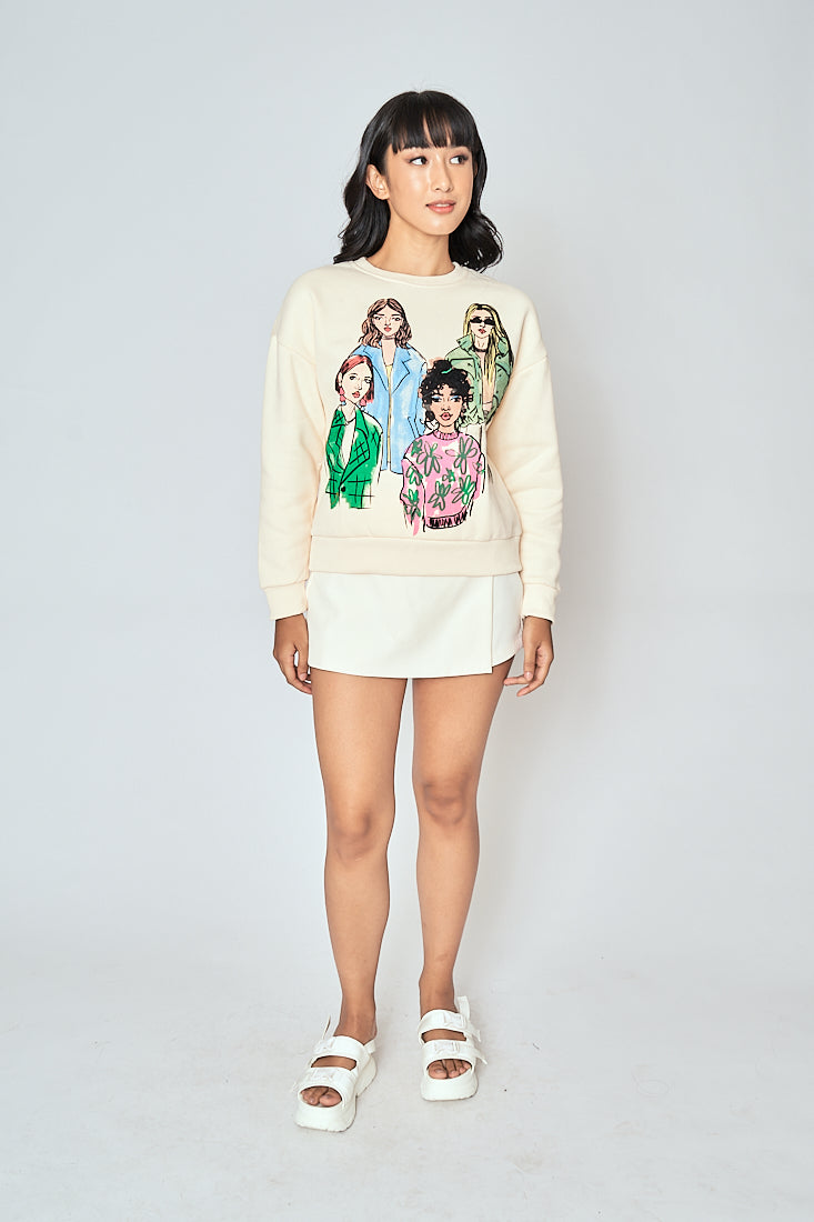 Aimee Cream Girls Print Round Neck Long Sleeves Pullover Sweatshirt