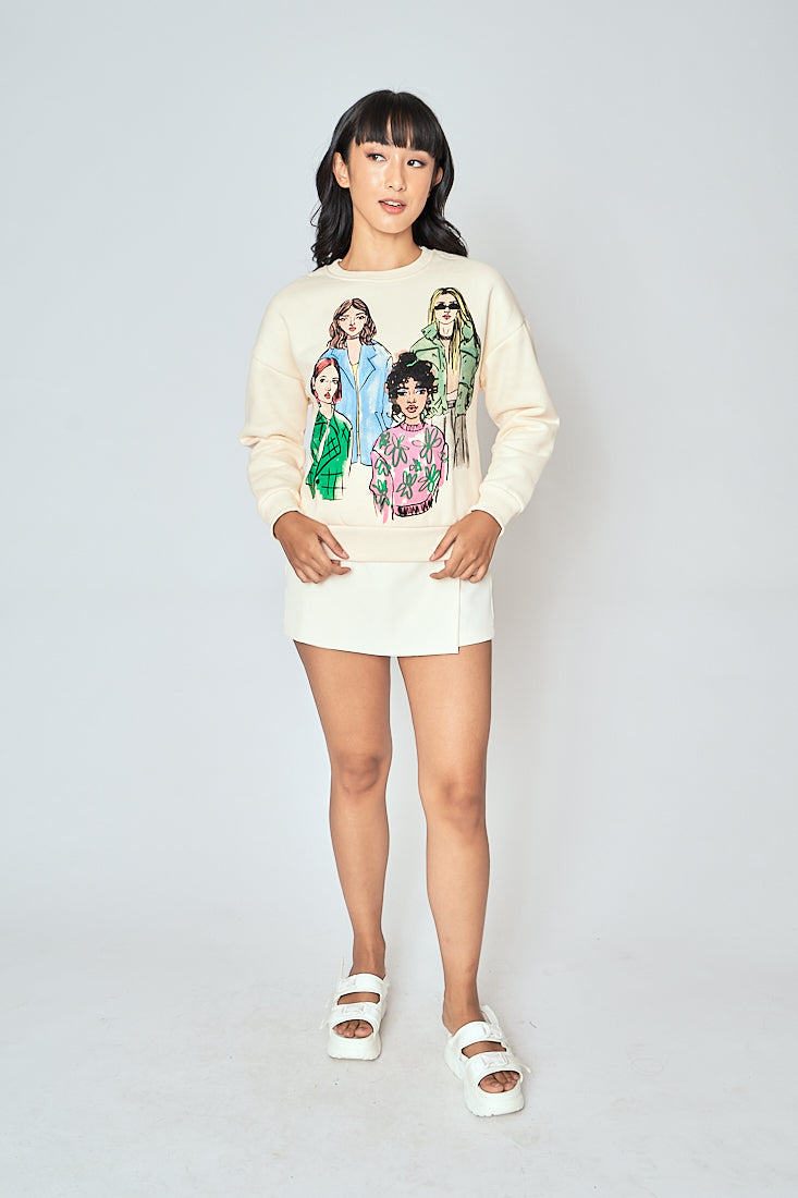 Aimee Cream Girls Print Round Neck Long Sleeves Pullover Sweatshirt