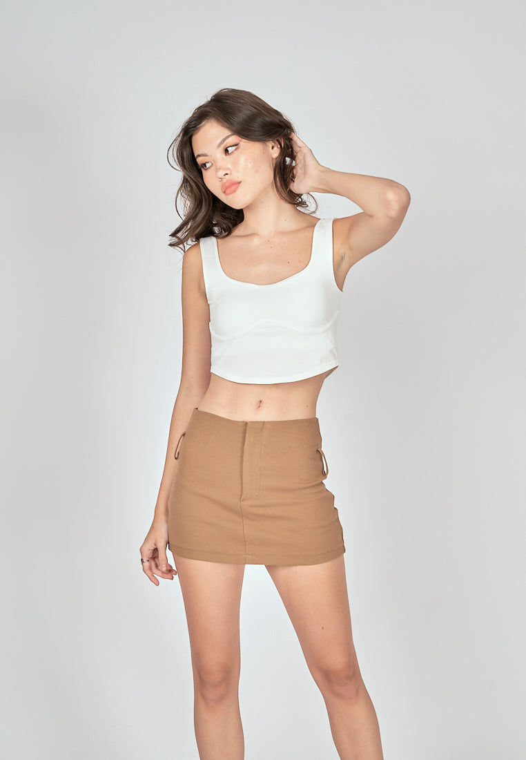 Renzel Brown Zipper Fly Sexy Mini Skirt with Belt