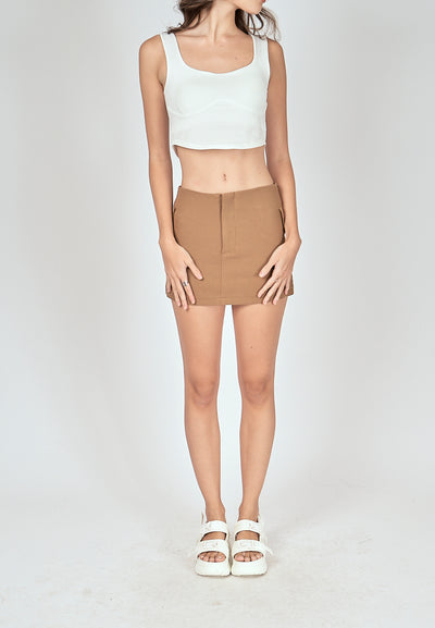 Renzel Brown Zipper Fly Sexy Mini Skirt with Belt