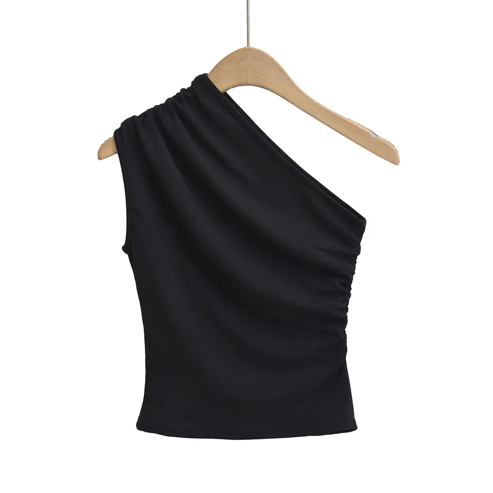 Henn Black Asymmetric Neckline Ruched Side Sleeveless Top
