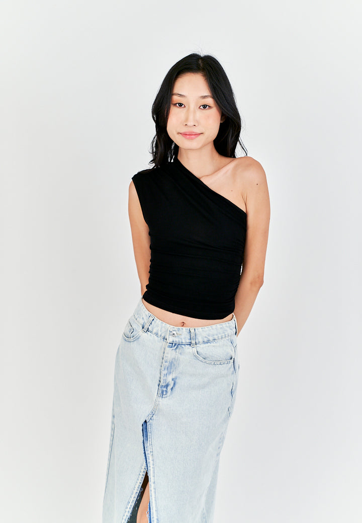 Henn Black Asymmetric Neckline Ruched Side Sleeveless Top
