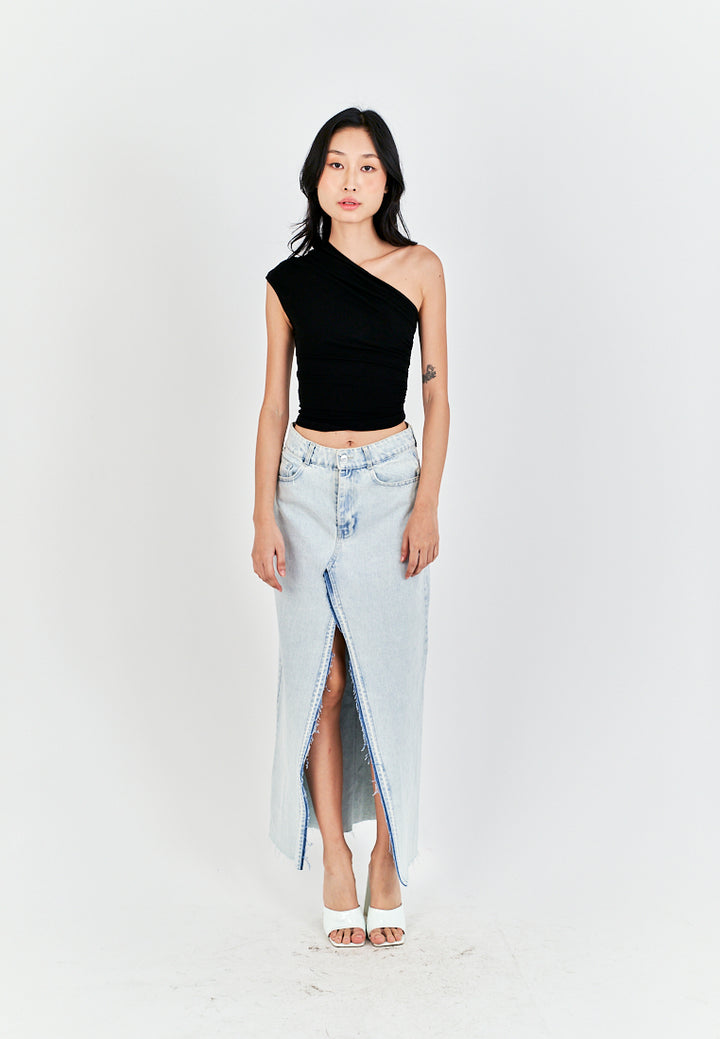 Henn Black Asymmetric Neckline Ruched Side Sleeveless Top