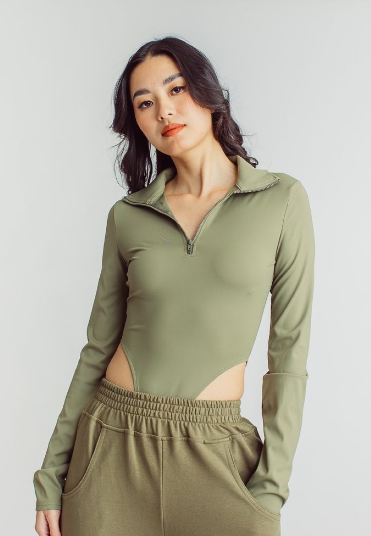 Maxim Green Turtle Neck Zip Up Long Sleeves High Cut Bodysuit