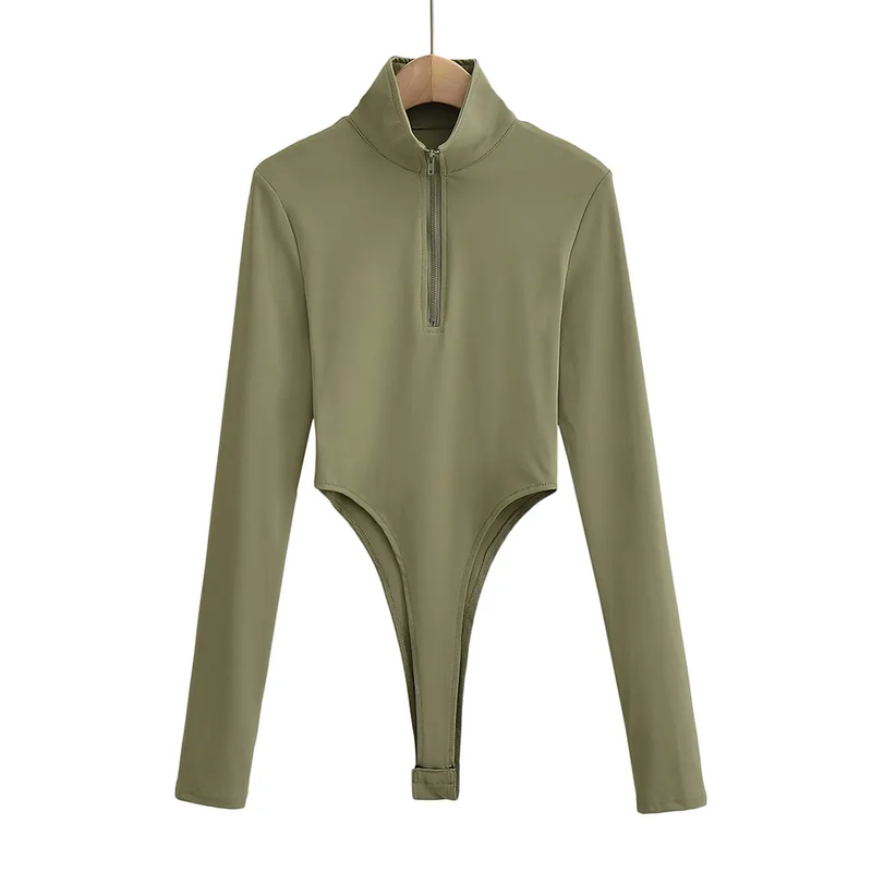 Maxim Green Turtle Neck Zip Up Long Sleeves High Cut Bodysuit